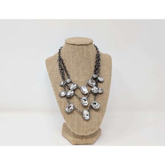 Chico's Necklace Gunmetal Silver Multi-Strand Layered Chain Oval Faux Jewel - Picture 1 of 6